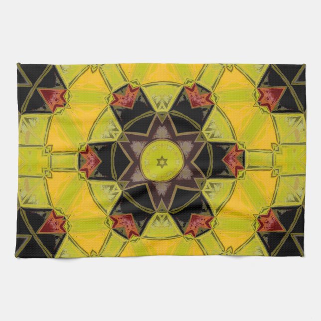 Linge De Cuisine Mosaic Mandala Fleur jaune vert rouge et noir (Horizontal)