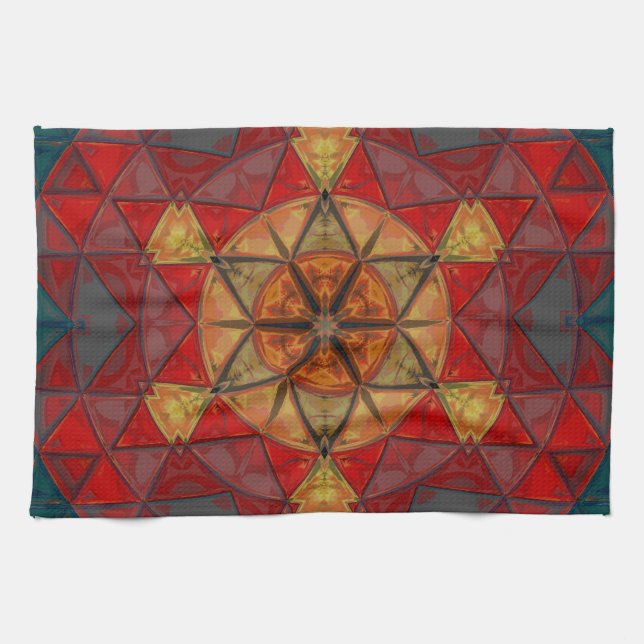 Linge De Cuisine Mosaic Mandala Fleur Rouge Bleu et Jaune (Horizontal)