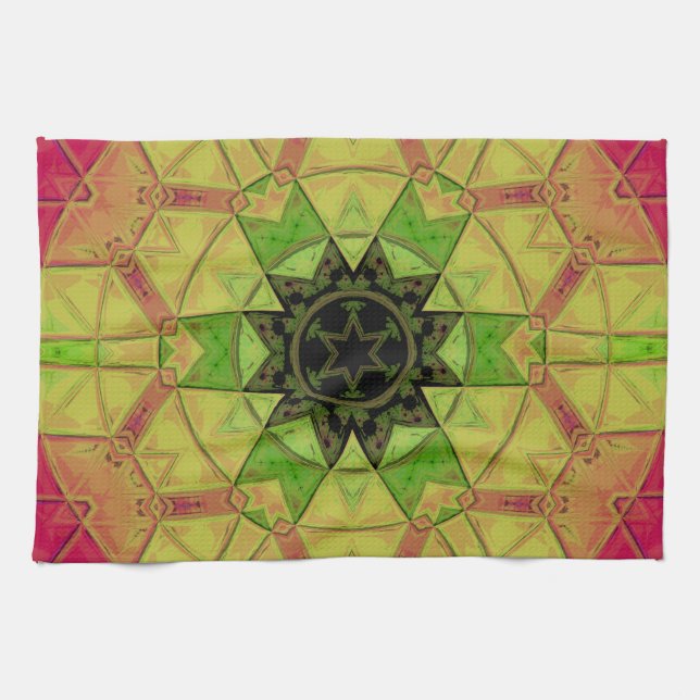 Linge De Cuisine Mosaic Mandala Flower jaune vert et rose (Horizontal)