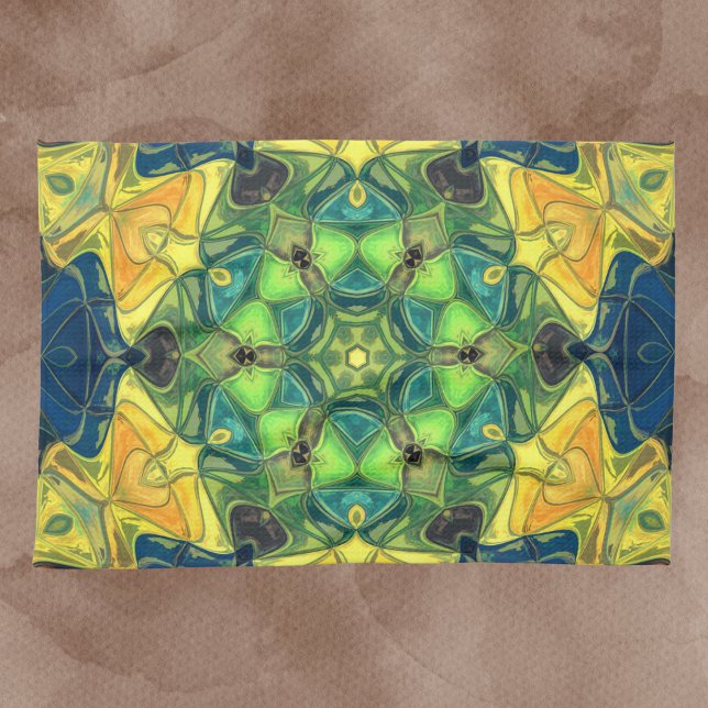 Linge De Cuisine Mosaic Mandala Flower vert jaune et bleu (Créateur téléchargé)