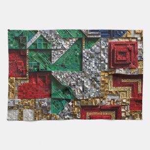 Linge De Cuisine Mosaïque carrée géante émeraude or ivoire rouge bl