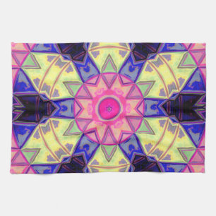 Linge De Cuisine Mosaïque Kaleidoscope Fleur rose jaune et bleu