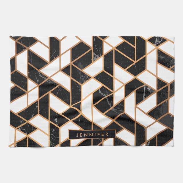 Linge De Cuisine Mosaïque noire et Marbre blanc (Horizontal)