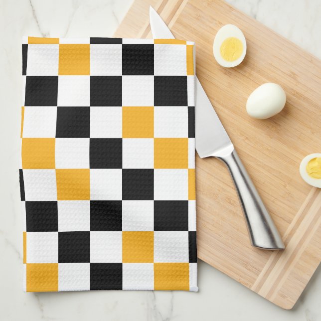 Linge De Cuisine Motif à carreaux jaune noir et blanc  (Quart Plié)