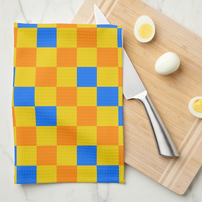 Linge De Cuisine Motif à carreaux orange jaune et bleu  (Quart Plié)