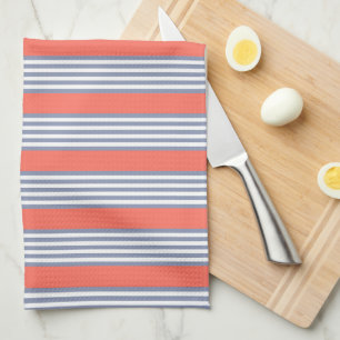 Linge De Cuisine Motif à cinq bandes bleu-gris avec corail vivant