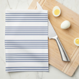 Linge De Cuisine Motif à cinq bandes bleu-gris et blanc