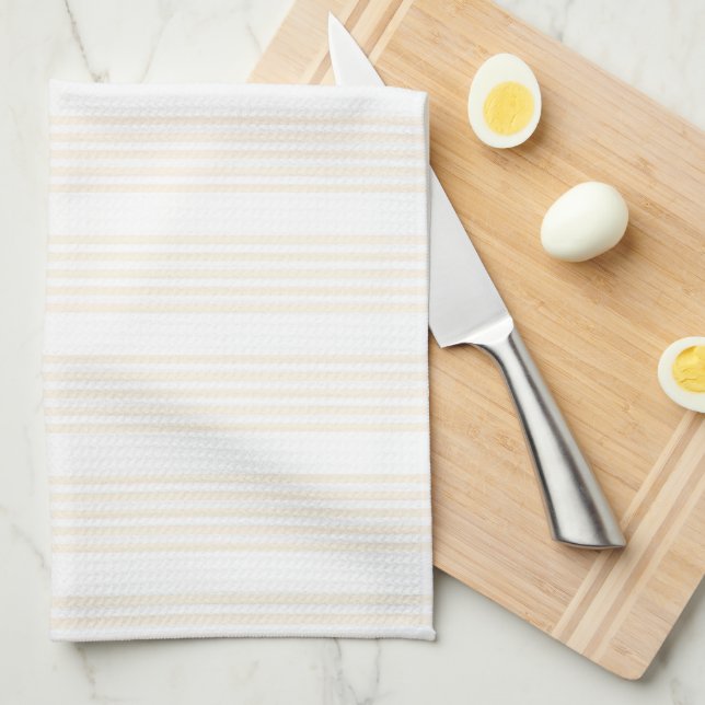 Linge De Cuisine Motif à cinq rayures beige et blanc (Quart Plié)