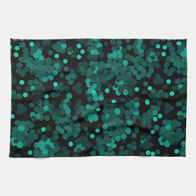 Linge De Cuisine Motif à pois vert turquoise sur noir (Horizontal)