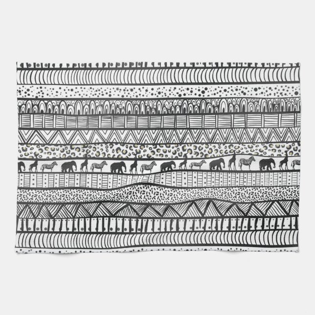 Linge De Cuisine Motif africain tribal noir blanc (Horizontal)