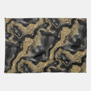 Linge De Cuisine Motif agate élégant noir et doré pailleté