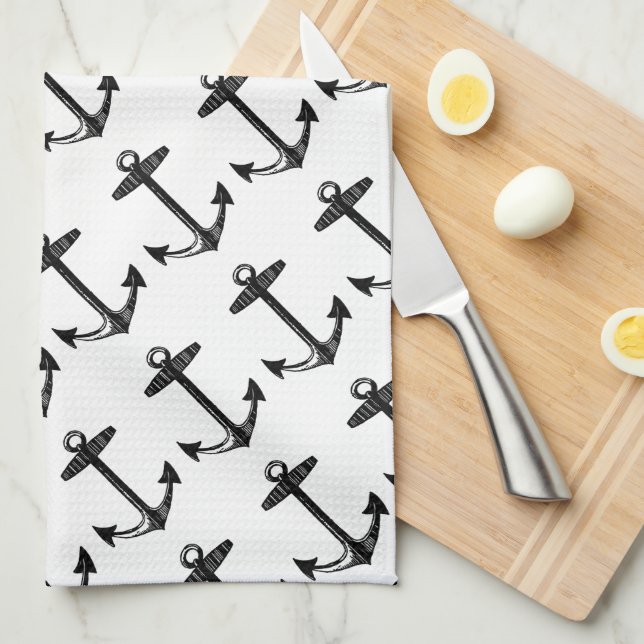 Linge De Cuisine Motif Ancre noir nautique (Quart Plié)