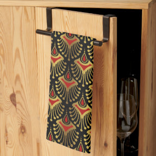 Linge De Cuisine Motif Art déco or et rouge sur four cuisine noir