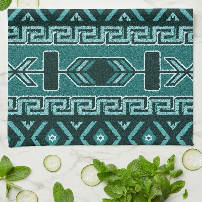 Linge De Cuisine Motif aztèque sud-ouest turquoise (Plié)