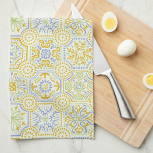 Linge De Cuisine Motif azulejo méditerranéen à l'aquarelle boho