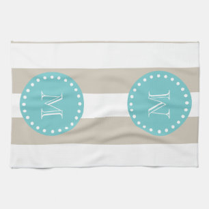 Linge De Cuisine Motif blanc beige de rayures, monogramme turquoise