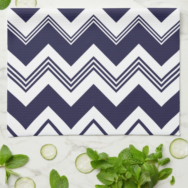 Linge De Cuisine Motif blanc de Chevron de bleu marine (Plié)