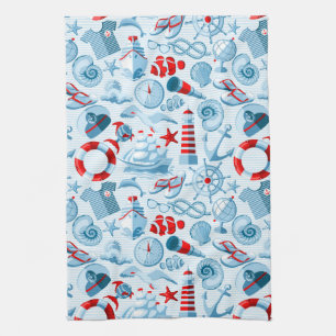 Linge De Cuisine Motif blanc et bleu rouge nautique