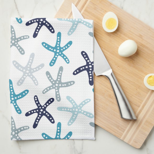 Linge De Cuisine Motif bleu d'étoiles de mer (Quart Plié)