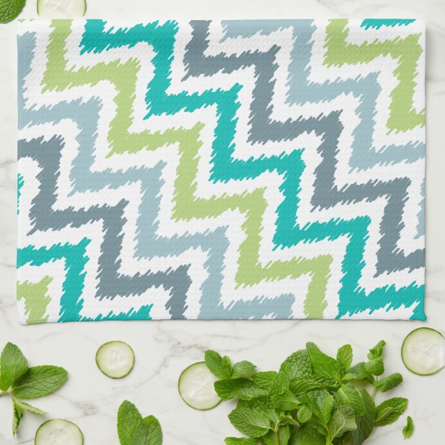 Linge De Cuisine Motif Blue Green Zigzag Ikat (Plié)