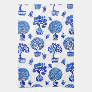 Linge De Cuisine Motif Bonsai Trees en Bleu et Blanc Cobalt