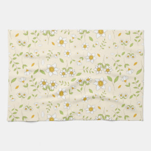 Linge De Cuisine Motif botanique floral blanc sur crème