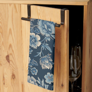 Linge De Cuisine Motif botanique floral vintage bleu marine