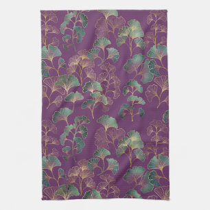 Linge De Cuisine Motif botanique japonais Ginkgo or pourpre