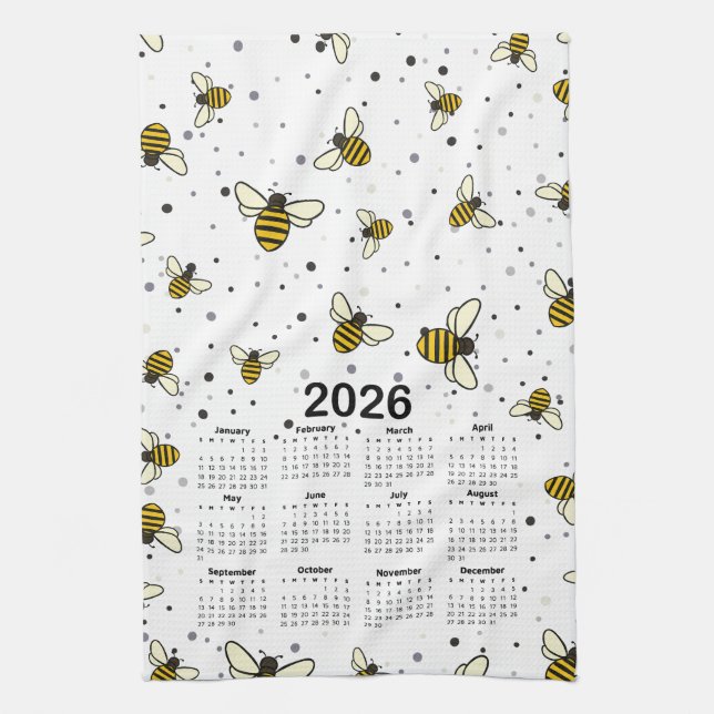 Linge De Cuisine motif Calendrier 2026 avec abeilles et points (Vertical)