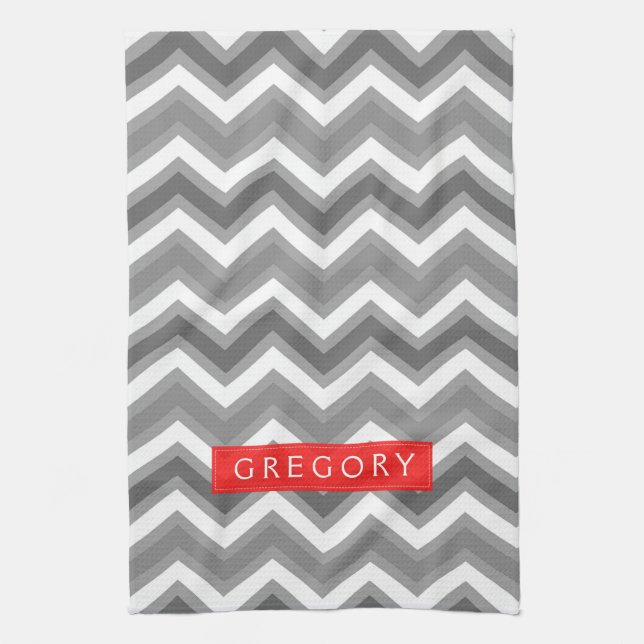 Linge De Cuisine Motif Chevron Blanc Et Gris Monographié 2 (Vertical)