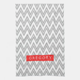 Linge De Cuisine Motif Chevron Blanc Et Gris Monographié 3