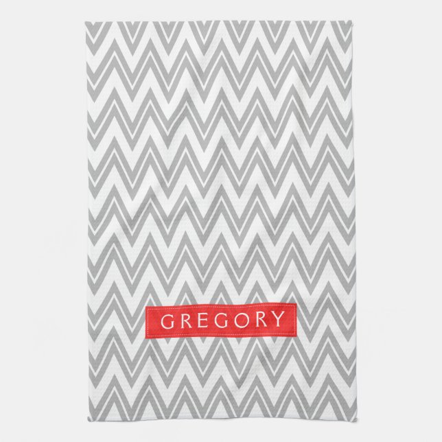 Linge De Cuisine Motif Chevron Blanc Et Gris Monographié 3 (Vertical)