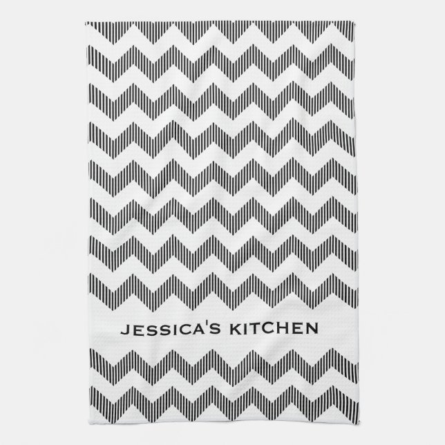 Linge De Cuisine Motif Chevron Blanc Et Noir Moderne (Vertical)