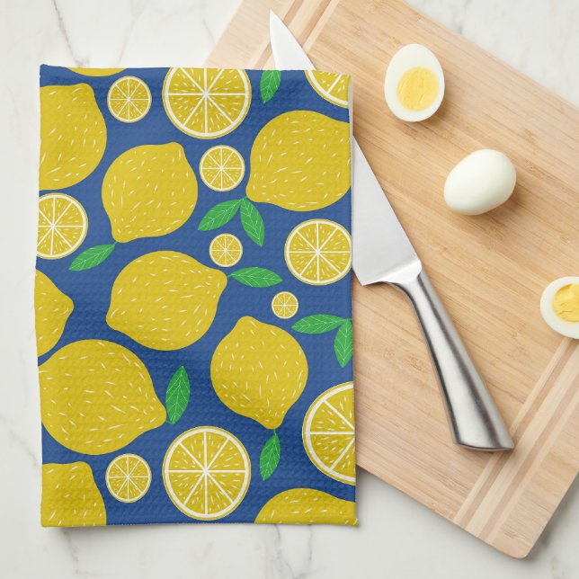 Linge De Cuisine Motif citron jaune sur bleu (Quart Plié)