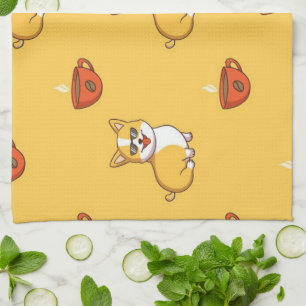 Linge De Cuisine Motif Corgi Et Café