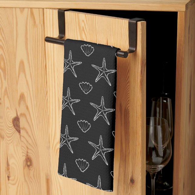 Linge De Cuisine Motif Croquis Starfish Seashell en noir (Pliage en tiers)