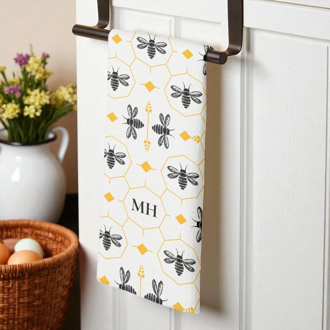 Linge De Cuisine Motif d'abeille Jaune moderne Noir Élégant Monogra (Modern Yellow Bee Pattern Black Elegant Monogram Kitchen Towel)