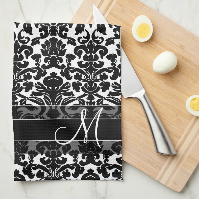 Linge De Cuisine Motif Damas avec Monogramme - Noir et Blanc (Quart Plié)