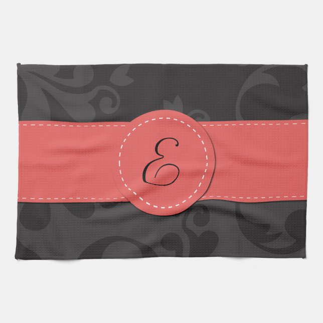 Linge De Cuisine Motif Damas, Damas gris, Monogramme (Horizontal)