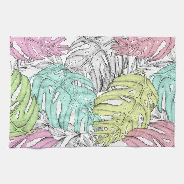 Linge De Cuisine Motif d'aquarelle en feuille de monstère pastel tr (Horizontal)