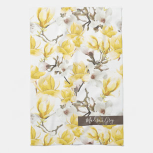 Linge De Cuisine Motif d'aquarelle jaune et blanc Magnolia Blossom