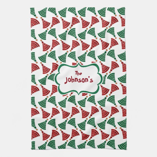 Linge De Cuisine Motif d'arbre de Noël vert foncé et rouge (Vertical)