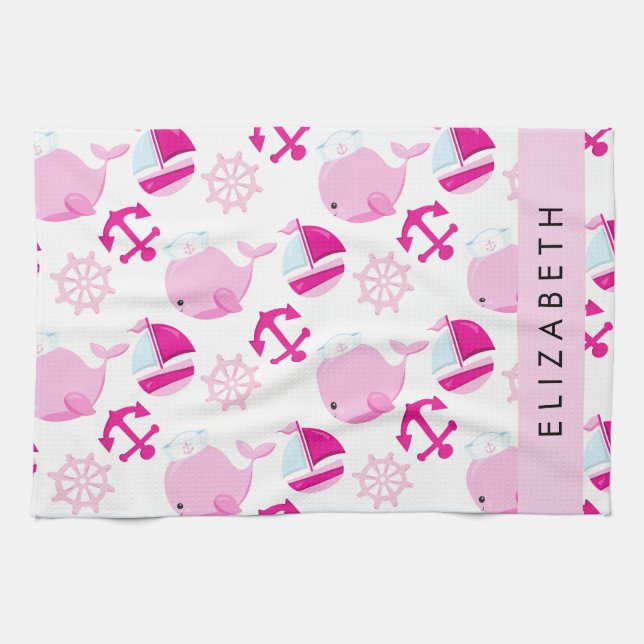Linge De Cuisine Motif De Baleines, Baleines Roses, Votre Nom (Horizontal)