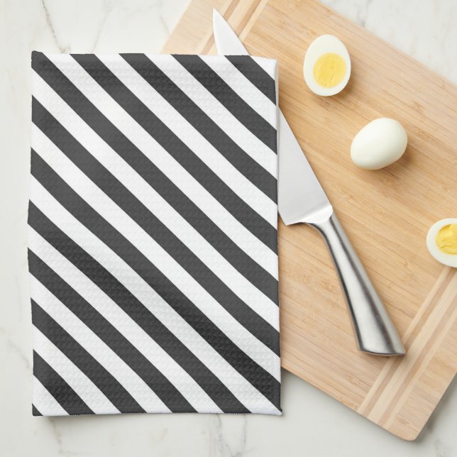 Linge De Cuisine Motif de bandes diagonales noires et blanches (Quart Plié)