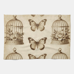 Linge De Cuisine Motif de cage à oiseaux papillon Rose rétro Sépia