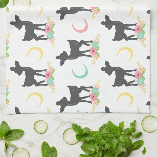 Linge De Cuisine Motif de cerfs, Cerf de bébé, Boho, Fleurs, Lune (Plié)