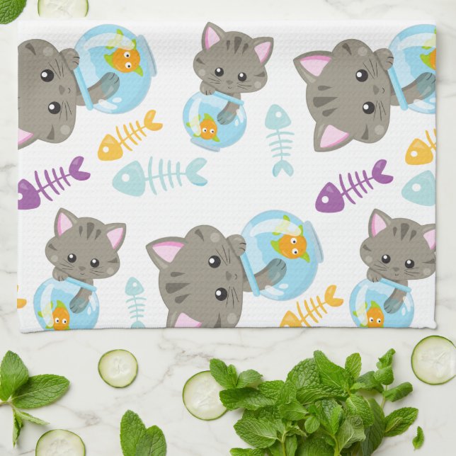 Linge De Cuisine Motif De Chats, Chats Mignons, Chatons, Poisson (Plié)