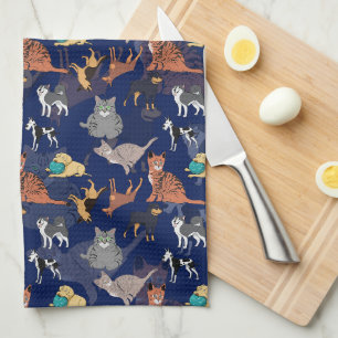 Linge De Cuisine Motif de chats et de chiens sur fond bleu 