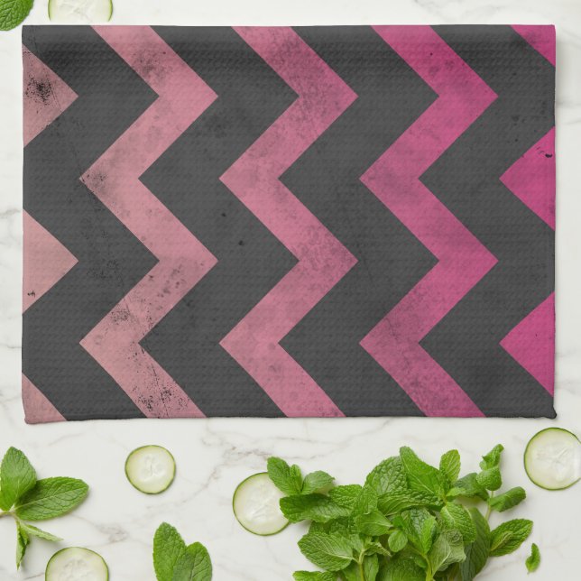 Linge De Cuisine Motif de chevron gris foncé rose magenta (Plié)