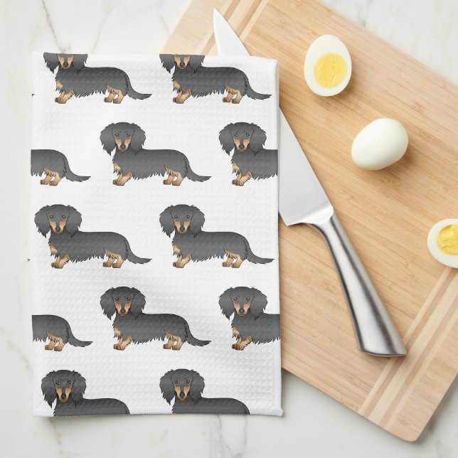 Linge De Cuisine Motif de chien mignon noir et tan long cheveux (Quart Plié)